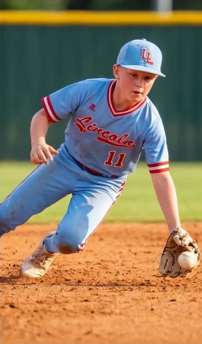 Young ballplayer in a light blue uniform fielding a ground ball on the infield dirt