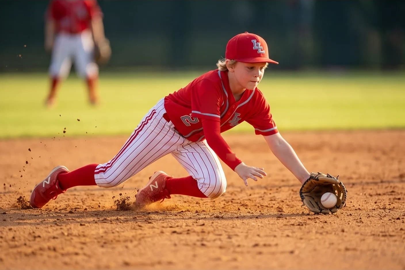 Young ballplayer in a red Legends uniform diving for a ground ball on the infield dirt in evening light