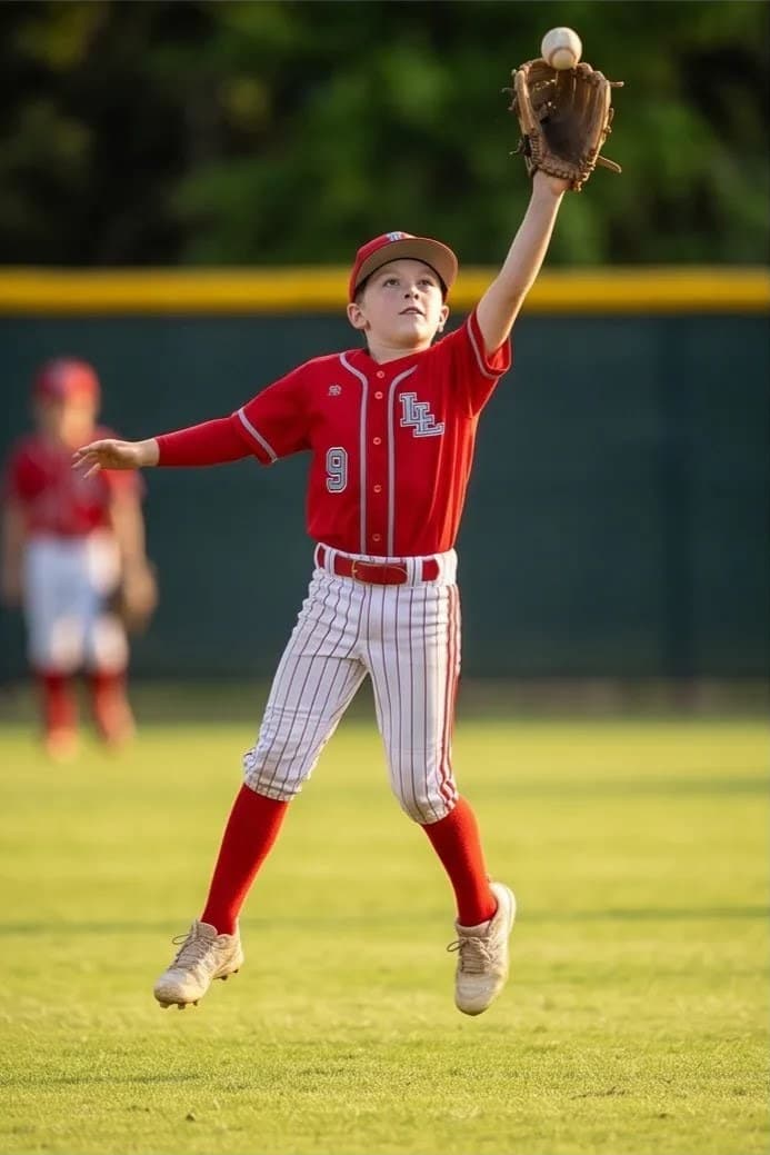 Young ballplayer in a red uniform leaping to make a catch in the outfield